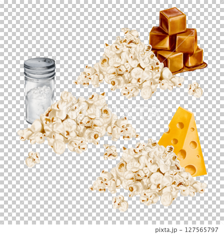 Set of popcorn flavors. Snack with caramel, salt or cheese. Ready-made crumbly tasty popcorn. Corn for a party. Watercolor illustration without background. Hand drawing. High quality illustration 127565797