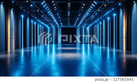 modern event space with blue lighting and polished floor 127565845