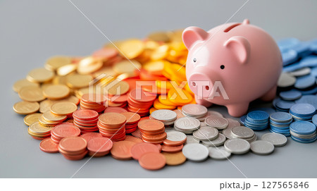 piggy bank surrounded by colorful coins, symbolizing savings 127565846