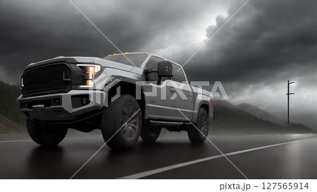 A pickup truck is driving down the road. Dark dramatic landscape as background, gloomy sky with rainy clouds, forest and hill. Generative AI. 127565914