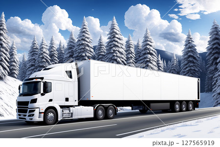 A white truck is driving on the highway. Clean and empty space in the side view. Snow-covered forest and mountain. Generative AI. 127565919