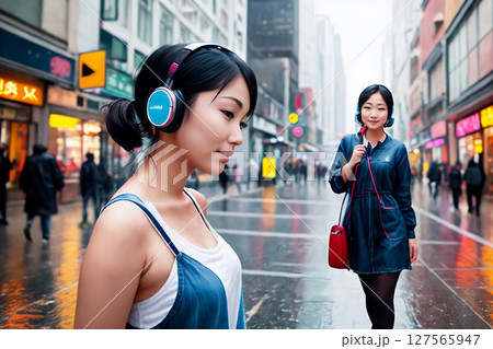 Portrait of beautiful girls in headphones, rainy city street as a background. Generative AI. 127565947