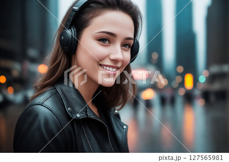 A beautiful woman portrait, night city as background. Generative AI. 127565981