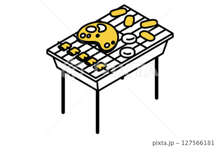 具材の乗ったバーベキューグリルのシンプルな線画イラスト、夏のアイソメトリックイラスト 127566181