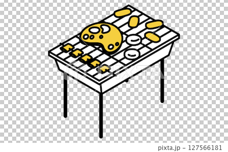 具材の乗ったバーベキューグリルのシンプルな線画イラスト、夏のアイソメトリックイラスト 127566181
