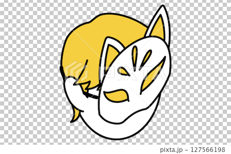 戴著狐狸面具的孩子的簡單線條畫插圖,夏季等距插圖 戴著狐狸面具的孩子的簡單線條畫插圖,夏季等距插圖 127566198