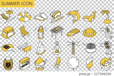 Simple line art illustration of summer icon set (sea, camping, summer festival, etc.), summer isometric illustration 127566200