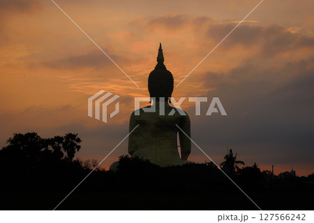 The largest golden Buddha statue with green rice field foreground at Wat Muang Temple in Ang Thong Province, Thailand. 127566242