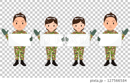 自衛隊 一名男女自衛隊軍官舉著標語牌的插圖 127566584