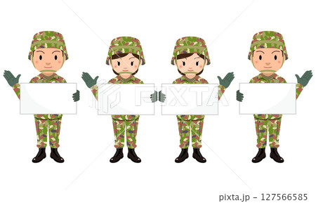 自衛隊　プラカードを持つ男性と女性自衛官のイラスト 127566585