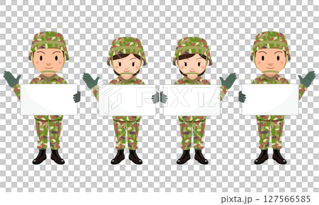 自衛隊 一名男女自衛隊軍官舉著標語牌的插圖 自衛隊 一名男女自衛隊軍官舉著標語牌的插圖 127566585