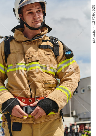A firefighter dons the essential components of their professional gear, embodying resilience, commitment, and readiness as they gear up for a hazardous firefighting mission, a testament to their 127566629