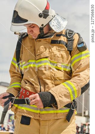 A firefighter dons the essential components of their professional gear, embodying resilience, commitment, and readiness as they gear up for a hazardous firefighting mission, a testament to their A firefighter dons the essential components of their professional gear, embodying resilience, commitment, and readiness as they gear up for a hazardous firefighting mission, a testament to their 127566630