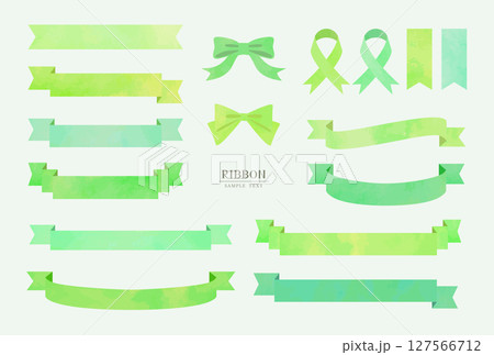 緑色のリボンのイラスト素材セット（水彩風ベクター） 127566712