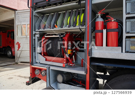 Close-up of essential firefighting equipment on a modern firetruck, showcasing tools and gear ready for emergency response to hazardous fire situations Close-up of essential firefighting equipment on a modern firetruck, showcasing tools and gear ready for emergency response to hazardous fire situations 127566939