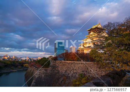 Osaka castle with city skyline and autumn foliage color at dusk,Japan 127566957