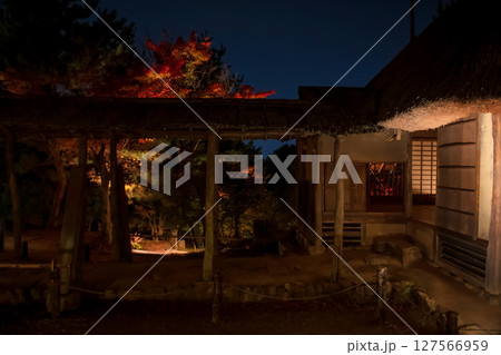 Autumn leaves and illumination by cabin of Kodaiji temple garden, Kyoto Autumn leaves and illumination by cabin of Kodaiji temple garden, Kyoto 127566959