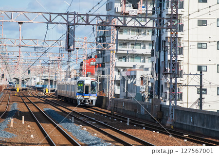 Nankai Main Line train on railway from Osaka to Wakayama, Japan 127567001