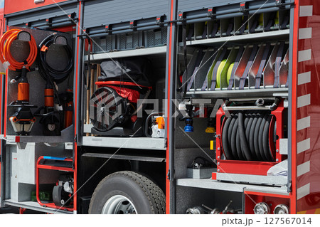 Close-up of essential firefighting equipment on a modern firetruck, showcasing tools and gear ready for emergency response to hazardous fire situations Close-up of essential firefighting equipment on a modern firetruck, showcasing tools and gear ready for emergency response to hazardous fire situations 127567014