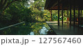 Enjoying the serene atmosphere by a peaceful pool amidst vibrant tropical vegetation. 127567460