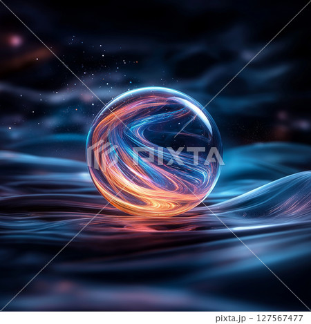 vibrant glass sphere with swirling colors in cosmic setting 127567477