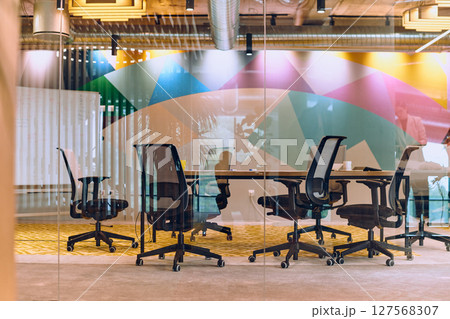 In the contemporary setting of an empty modern glass startup office, the space exudes a sleek and innovative atmosphere, ready to be filled with the potential of entrepreneurial endeavors In the contemporary setting of an empty modern glass startup office, the space exudes a sleek and innovative atmosphere, ready to be filled with the potential of entrepreneurial endeavors 127568307
