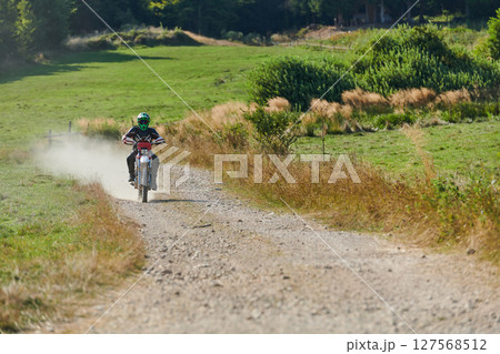 A professional motocross rider exhilaratingly riding a treacherous off-road forest trail on their motorcycle. 127568512