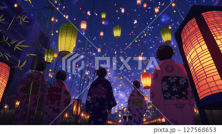 浴衣姿の人々と幻想的な夏の夜 127568653