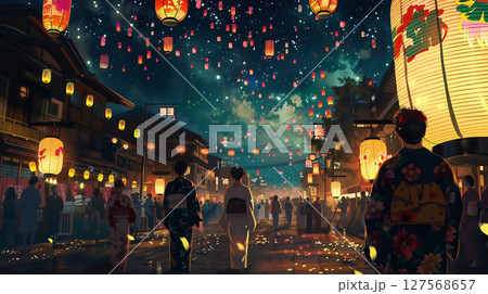 七夕の夜に集う浴衣姿の人々 127568657