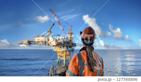 Female Worker in Safety Gear Inspecting Equipment at an Oil Refinery.Generated image 127568806