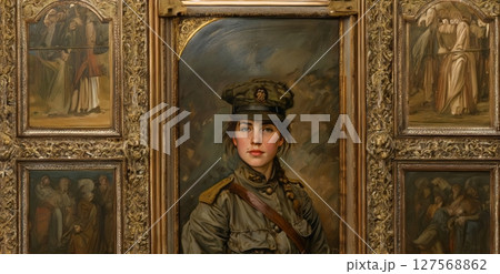 Portrait of a Woman in Military Uniform Against a Black Background.Generated image Portrait of a Woman in Military Uniform Against a Black Background.Generated image 127568862