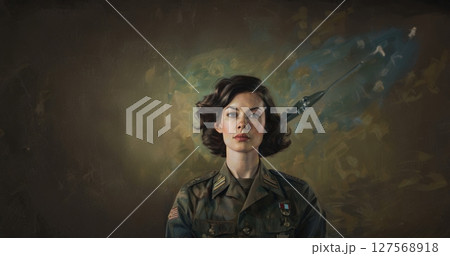 Portrait of a Woman in Military Uniform Against a Black Background.Generated image 127568918