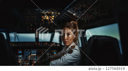 Portrait of a Female Pilot in an Airplane Cockpit.Generated image 127568919