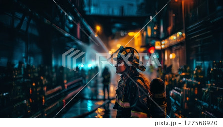 Professional Female Firefighter Battling a Large Urban Blaze with a Hose.Generated image 127568920