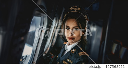 Portrait of a Female Pilot in an Airplane Cockpit.Generated image 127568921