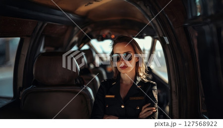 Portrait of a Female Pilot in an Airplane Cockpit.Generated image 127568922