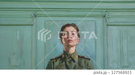 Portrait of a Woman in Military Uniform Against a Black Background.Generated image 127568923