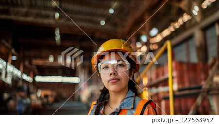 Portrait of a Young Female Engineer in Protective Gear Working on Construction Site.Generated image 127568952