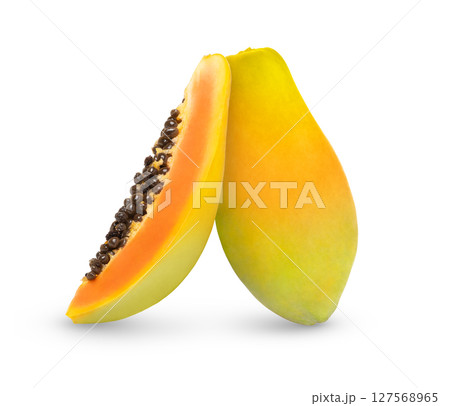 Papaya fruit and a cut in half standing vertically isolated. Papaya fruit and a cut in half standing vertically isolated. 127568965