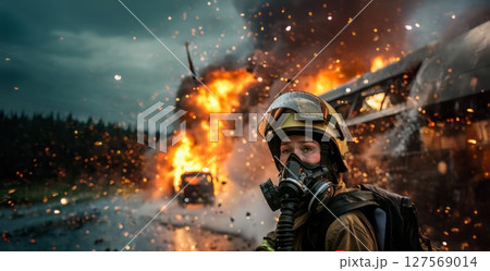 Female Firefighter in Gas Mask and Suit Amidst Fire and Explosion.Generated image 127569014