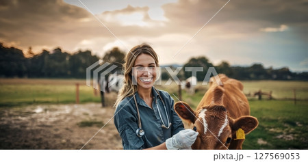 Smiling Young Female Veterinarian in Uniform Caring for Animals on Farm.Generated image 127569053