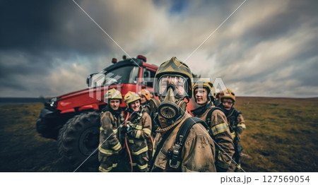 Happy Firefighters in Gear Posing with Fire Truck in Nature.Generated image 127569054