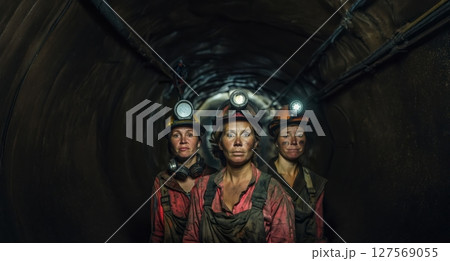 Portrait of Three Tired Female Miners Working Underground.Generated image 127569055