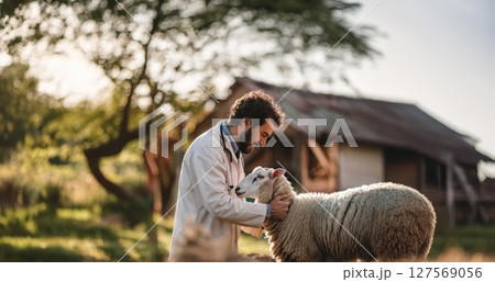 Senior Veterinarian Examining and Caring for Sheep on Farm.Generated image 127569056