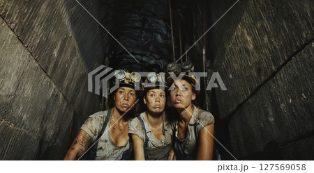 Portrait of Three Tired Female Miners Working Underground.Generated image 127569058