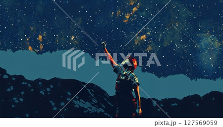 Woman Miner in Protective Gear Reaching for Light in Dark Mine.Generated image 127569059