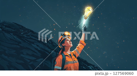 Woman Miner in Protective Gear Reaching for Light in Dark Mine.Generated image 127569060