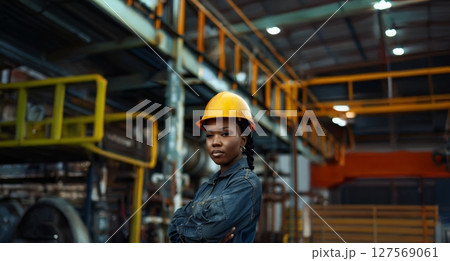 Portrait of an African American Woman in Protective Gear on Oilfield.Generated image 127569061