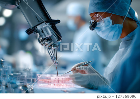 Surgeon Using Robotic Arm for Precision Work in Modern Operating Room. 127569096