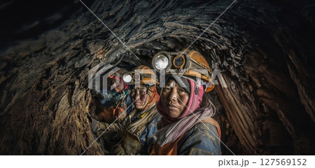 Portrait of Three Tired Female Miners Working Underground.Generated image 127569152